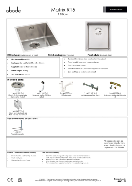 AW5121. Matrix R15 Stainless Steel Sink, Single Bowl - Consumer Specification
