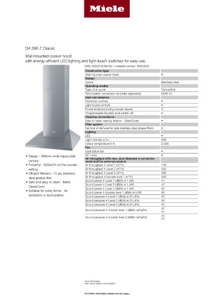 Miele DA 396-7 Product Spec Sheet