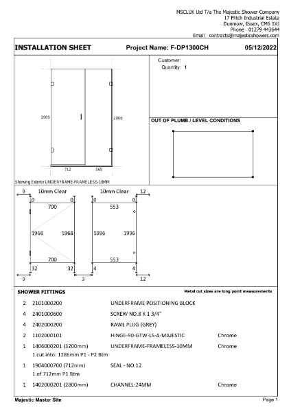 Installation Sheet - Rio 1300mm