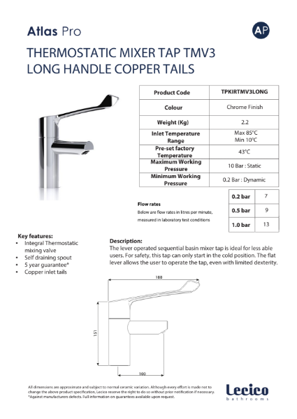 Kirkby Thermostatic Mixer Tap with Long Handle TMV3 - Copper tails