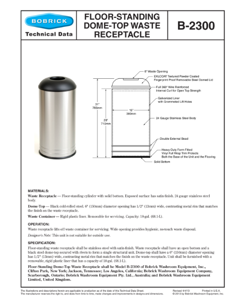 Floor-Standing Dome-Top Waste Receptacle - B-2300