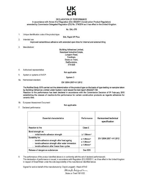 DECLARATION OF PERFORMANCE- BAL Rapid XP Plus