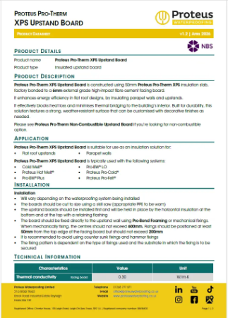 Product Data Sheet - Proteus Pro-Therm XPS Upstand Board