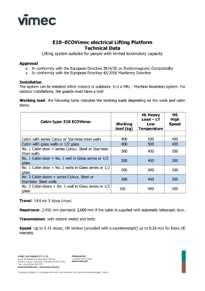 EcoVimec cabin platform lift by Vimec_ Data Sheet