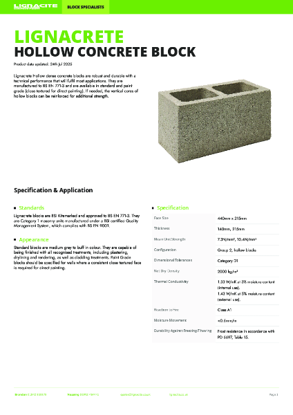Lignacrete Hollow Datasheet