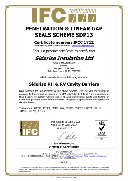 Siderise RH & RV Cavity Barriers- IFCC 1712 Certificate