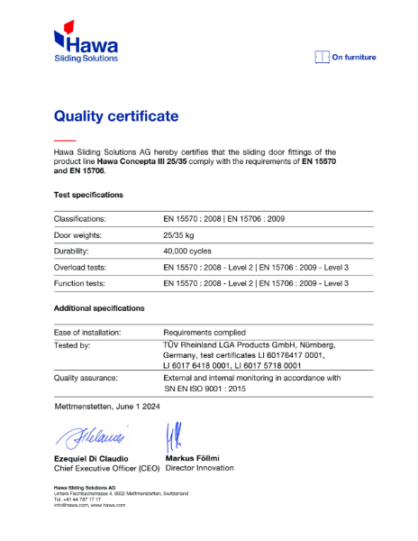 Quality Certificate EN 15570 / EN 15706