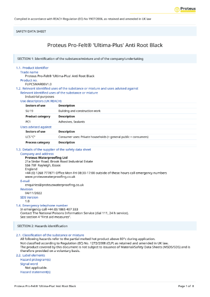 Material Safety Data Sheet - Proteus Pro-Felt® Ultima Plus Anti Root Mineral Capsheet