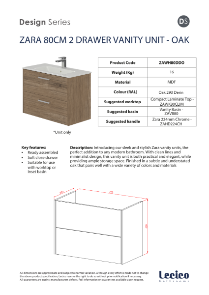 Zara 80cm 2 Drawer Wall Hung Vanity Unit - Oak