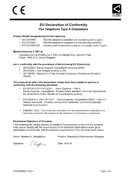 SigTEL Type A Fire Telephone EU Declaration of Conformity (CoC)