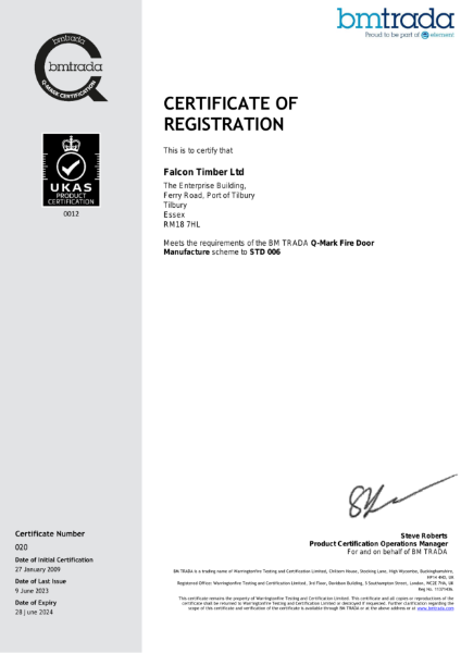 Falcon Panel Products Ltd  006 Certificate  Q Mark Fire Door Manufacture