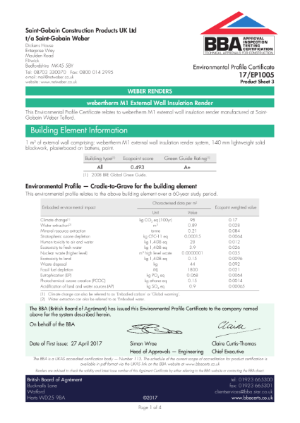 17/EP1005 webertherm M1 External Wall Insulation Render (Product Sheet 3)