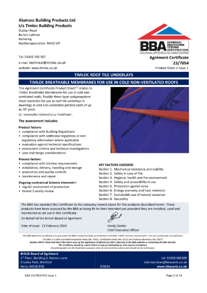 Timloc Building Products Breathable Membranes For Use In Cold Non-Ventilated Roofs: BBA Agrement Certificate 23 7054, Product Sheet 1 Issue 1