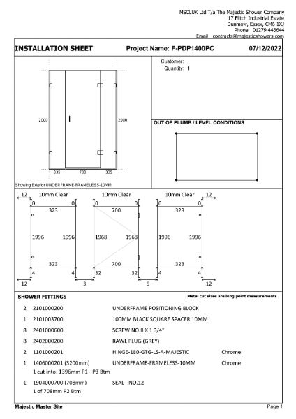 Installation Sheet - Napoli 1400mm