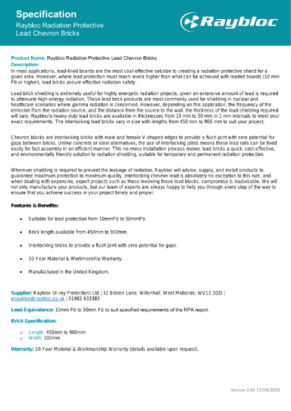 Raybloc Radiation Protective Lead Chevron Bricks - Specification