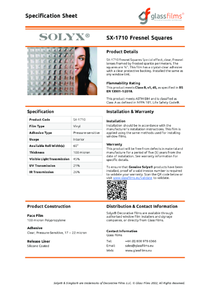 SX-1710 Fresnel Squares Specification Sheet