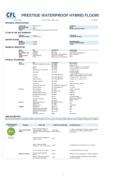 Prestige Waterproof Hybrid Flooring Specification Sheet