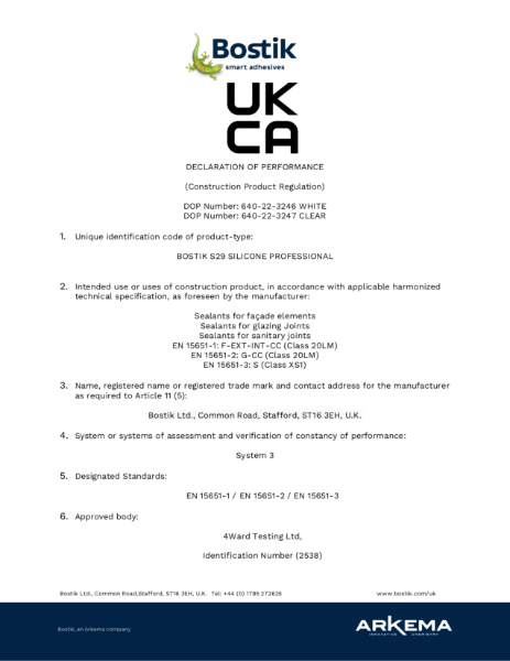 Bostik S29 UKCA Declaration of Performance