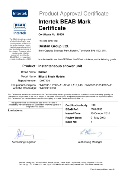 Intertek BEAB Mark Certificate 20538