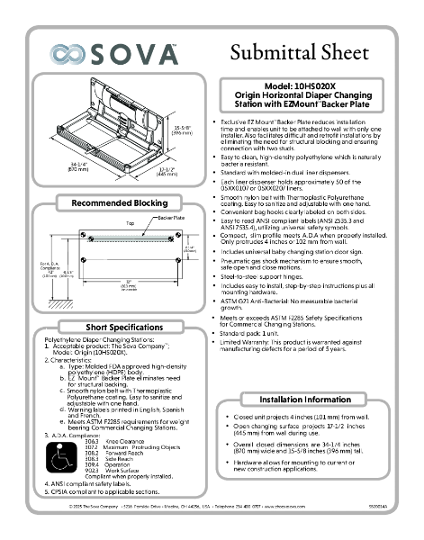 Origin Changing Station Submittal Sheet (EZ Mount Backer Plate Included)