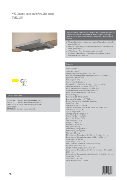 N 50, Telescopic cooker hood, 60 cm, Silver metallic
D46ED22N1B