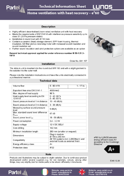LUNOS e260 Technical Data Sheet