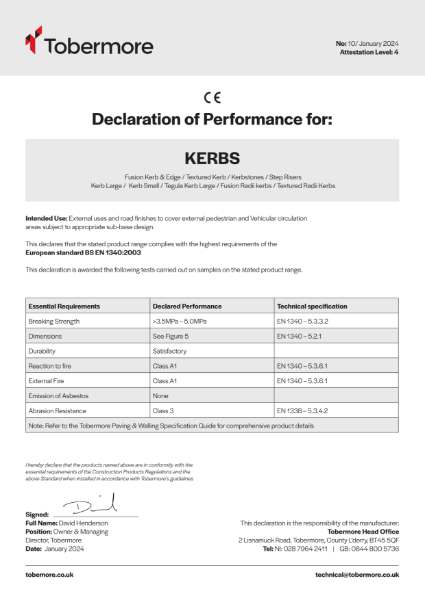 Kerbs Tobermore CE Declaration of performance January 2024