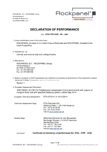 Declaration of Performance - Rockpanel 8mm