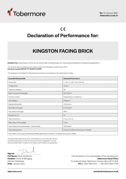Kingston Facing Brick Tobermore CE Declaration of performance January 2024