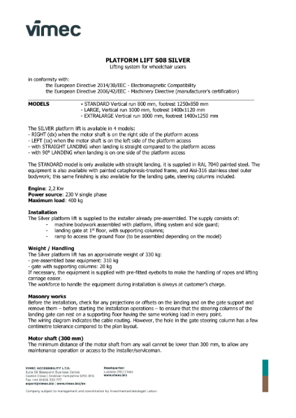 Platform Lift Silver S08 - Technical Data