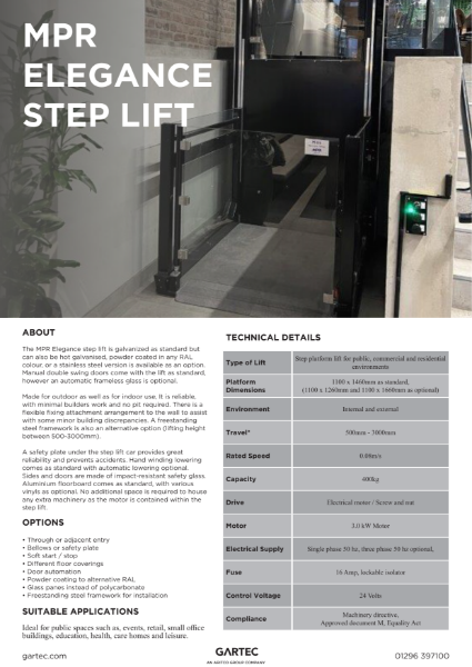 Gartec MPR Elegance Platform Step Lift – Product Data Sheet
