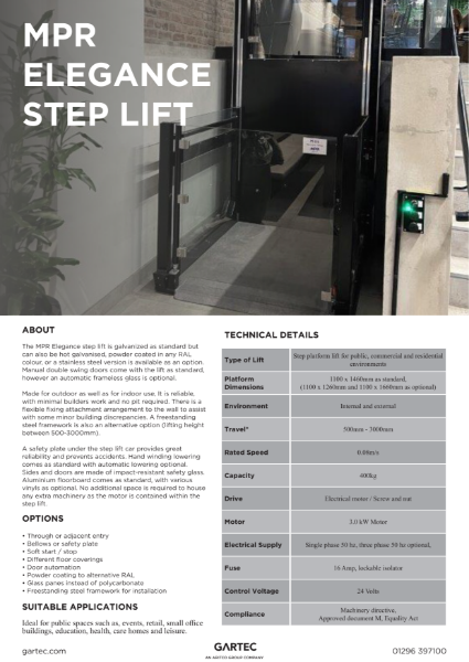 MPR Elegance Platform Step Lift Data Sheet