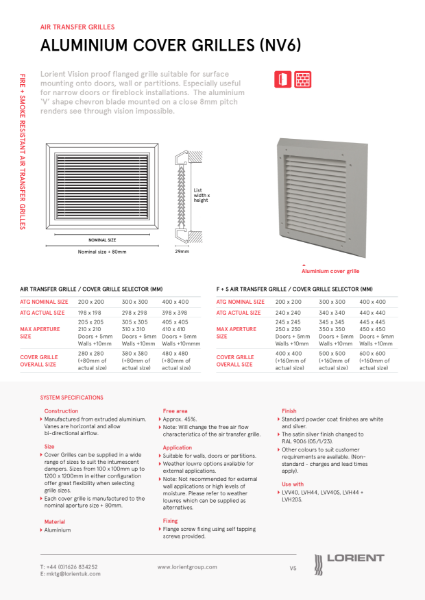 Aluminium cover grille NV6 datasheet