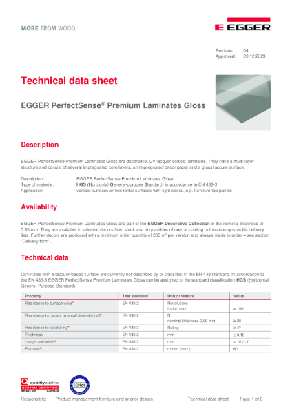 Technical Datasheet - PerfectSense® Premium Laminate Gloss