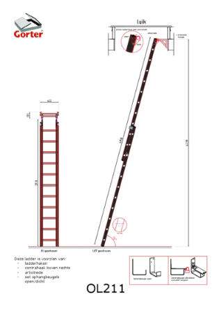 Gorter Ladder OL211 for Roof Hatch - max floor height 4735 mm – Technical 2D Drawing