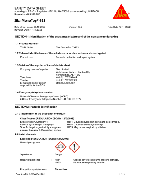 Sika Monotop 615 Safety Datasheet
