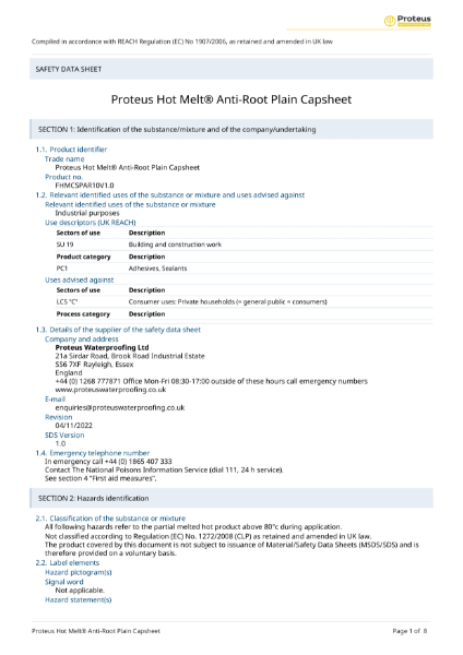 Material Safety Data Sheet - Proteus Hot Melt® Anti-Root Capsheet