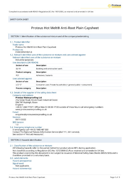 Safety Data Sheet - Proteus Hot Melt® Anti-Root Capsheet