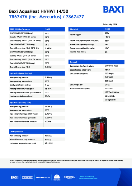BAXI AquaHeat HI/HWI 14/50 - Technical Data Sheet