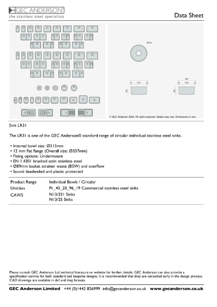 GEC Anderson Data Sheet - Sink Bowl: LR31