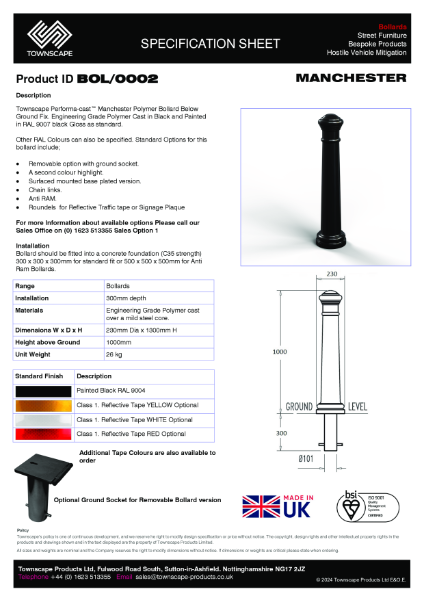 Townscape Manchester Concrete Bollard Specification Sheet  BOL/0002