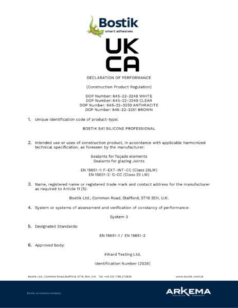 Bostik S41 UKCA Declaration of Performance