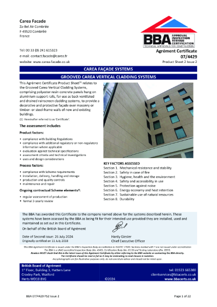 BBA Carea Grooved vertical cladding system certificate 07/4429 Product Sheet 2 Issue 2