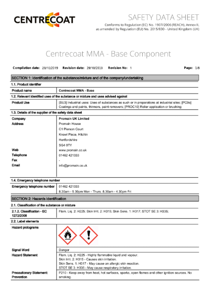 Centrecoat MMA Road Line - Safety Data Sheet Part A
