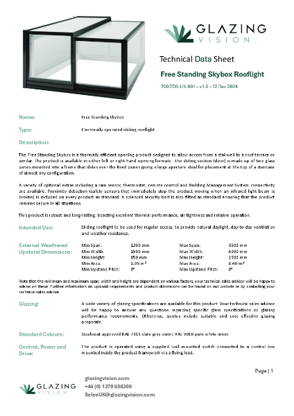 Free Standing Skybox Rooflight Technical Data Sheet