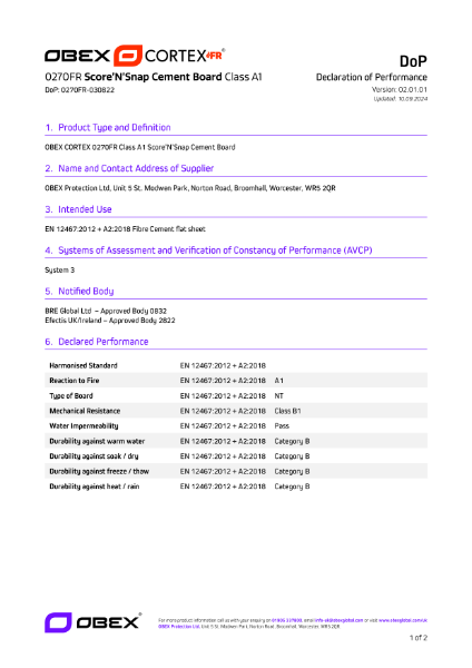 OBEX CORTEX 0270FR Class A1 Score’N’Snap Cement Sheathing Board - DoP