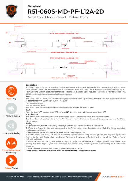 Datasheet - Metal Faced Riser Door Picture Frame 1 Hour Fire Rated Smoke Tested Double Door – R51-060S-MD-PF-L12A-2D