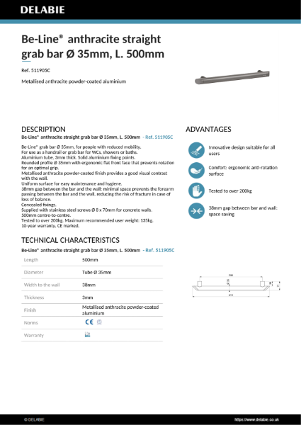 Be-Line® Grab Bars - Anthracite, 500 mm Product Data Sheet