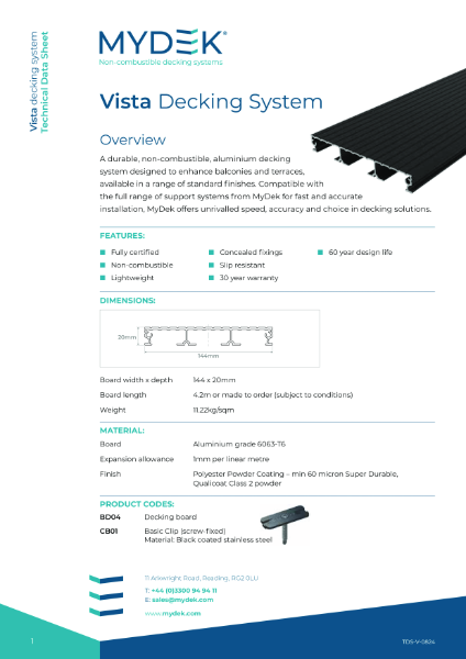 Data Sheet - MyDek Vista Aluminium Non-Combustible Decking