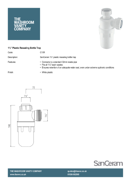 1 ½” Plastic resealing bottle trap C10R